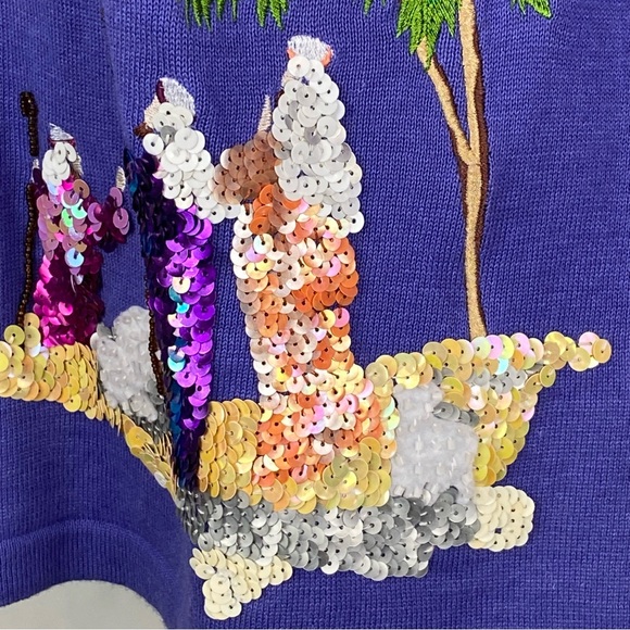 Storybook Knits Womens Christmas Sequin Three Wise Men Manger Sweater Sz Small - Picture 4 of 9